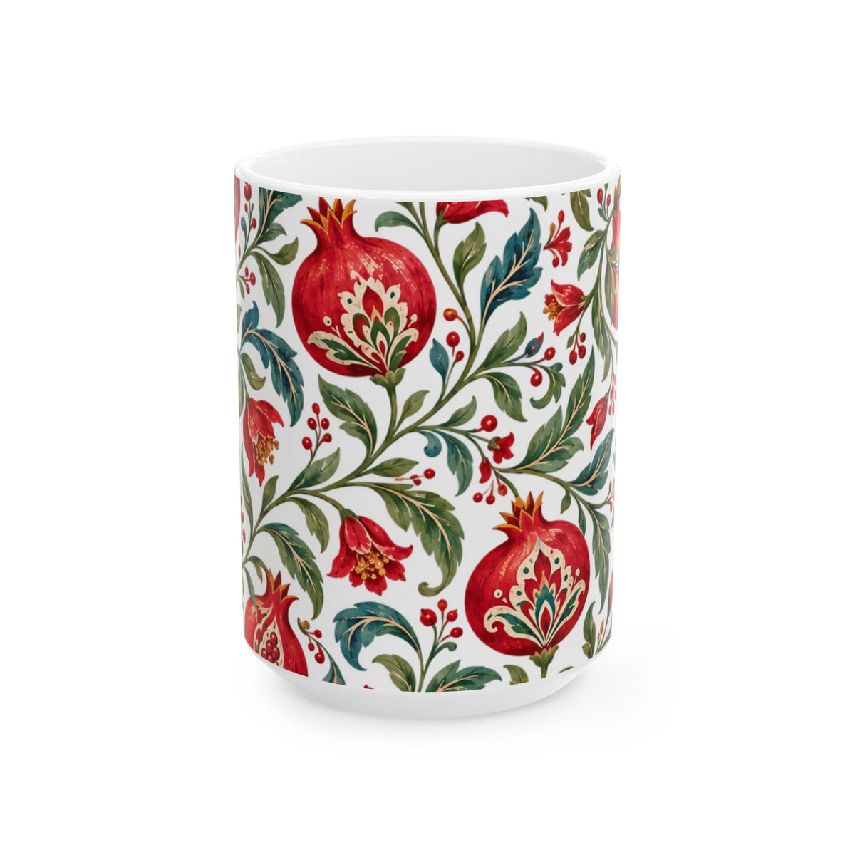Pomegranate Floral Ceramic Mug — Red & Green Botanical Pattern (11oz, 15oz)