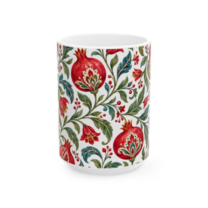 Pomegranate Floral Ceramic Mug — Red & Green Botanical Pattern (11oz, 15oz)
