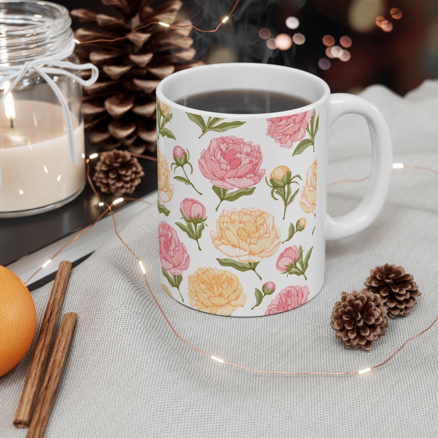Floral Peony Ceramic Mug – Pink & Peach Vintage Flower Coffee Cup (11oz/15oz)