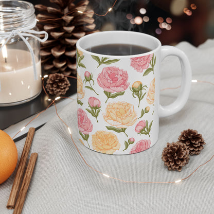 Floral Peony Ceramic Mug – Pink & Peach Vintage Flower Coffee Cup (11oz/15oz)