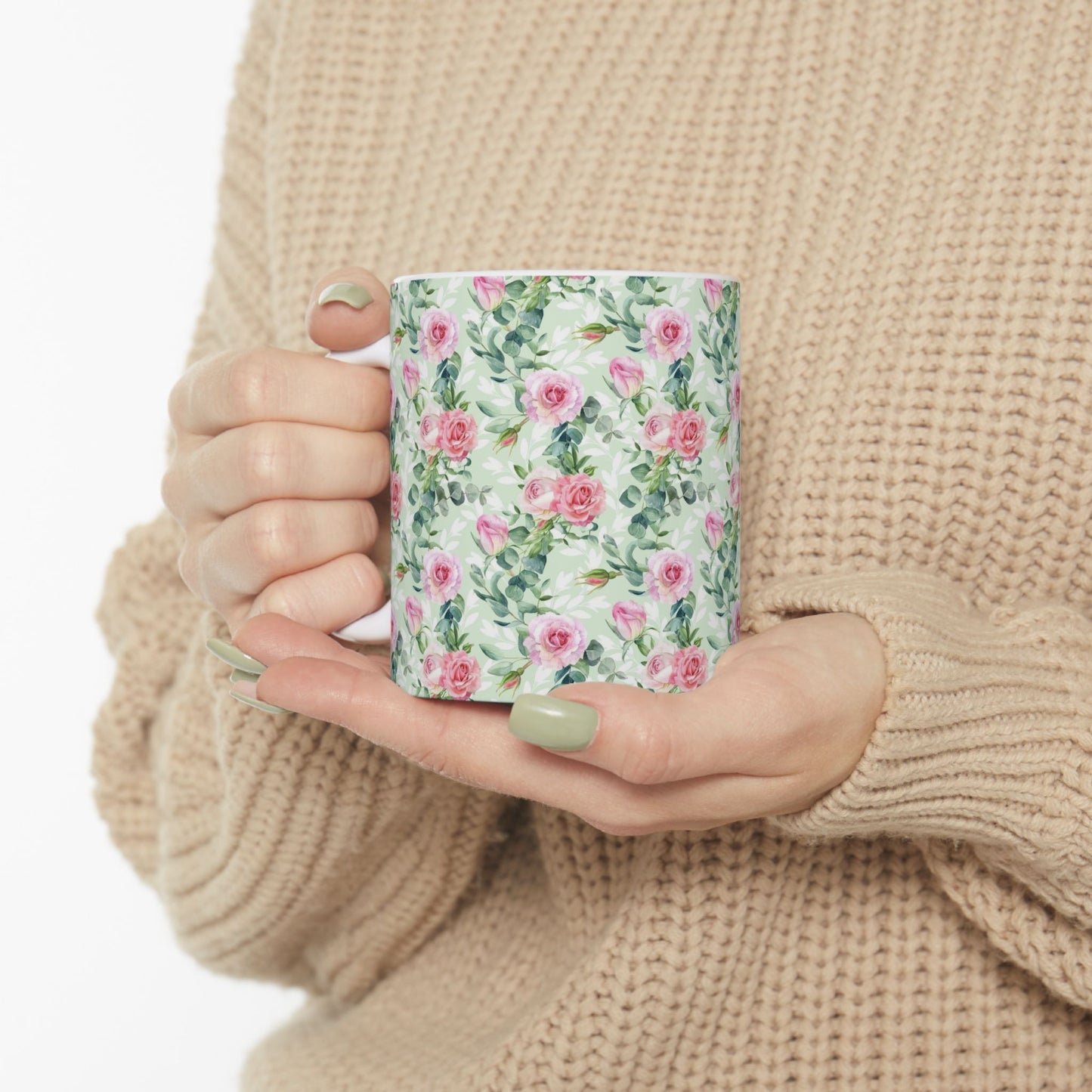 Floral Rose Watercolor Ceramic Mug — Pink Garden Pattern (11oz & 15oz)