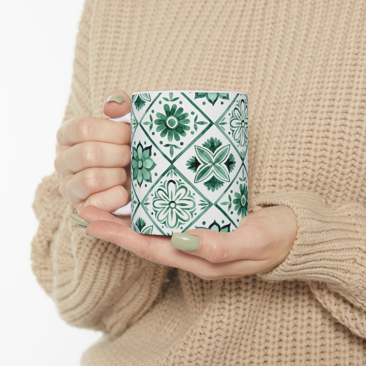 Green Tile Pattern Ceramic Mug — Boho Floral Moroccan-Style 11oz & 15oz
