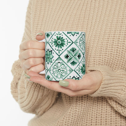 Green Tile Pattern Ceramic Mug — Boho Floral Moroccan-Style 11oz & 15oz