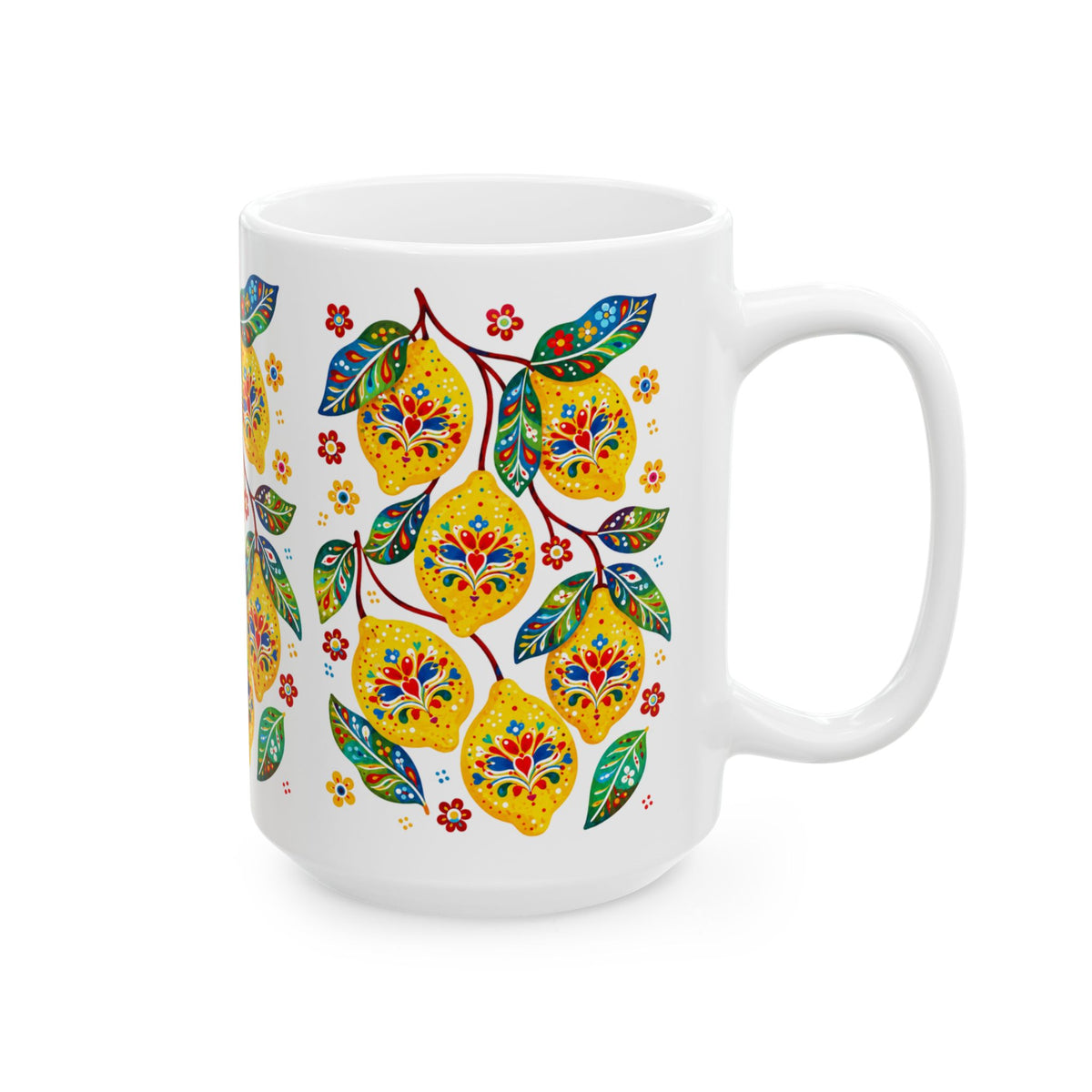 Lemon Blossom Ceramic Mug — Colorful Floral Fruit Pattern (11oz, 15oz)