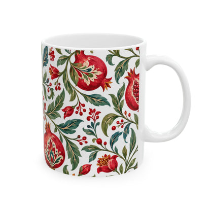 Pomegranate Floral Ceramic Mug — Red & Green Botanical Pattern (11oz, 15oz)