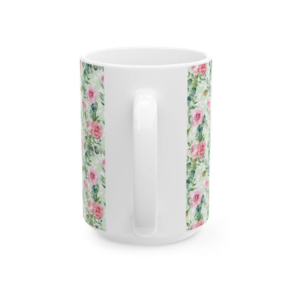 Floral Rose Watercolor Ceramic Mug — Pink Garden Pattern (11oz & 15oz)