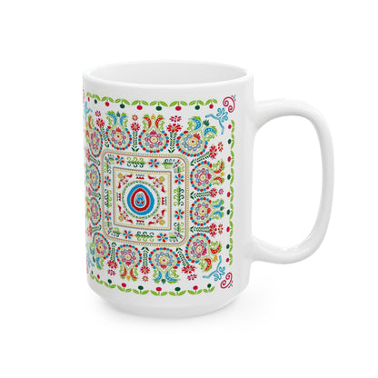 Floral Folk Art Ceramic Mug — Colorful Boho 11oz & 15oz Coffee Cup