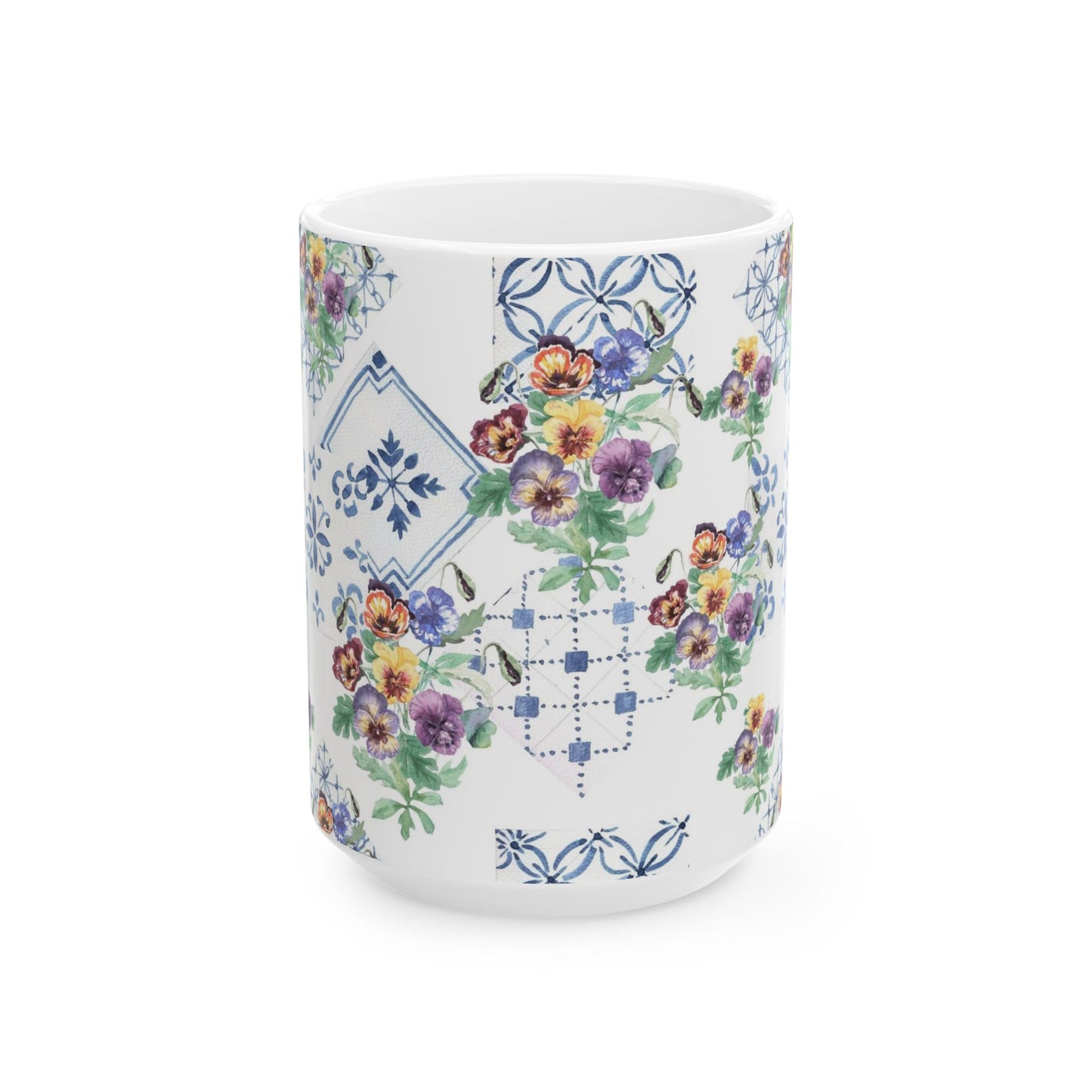 Vintage Pansy Floral Ceramic Mug – Blue Tile Pattern (11oz & 15oz)