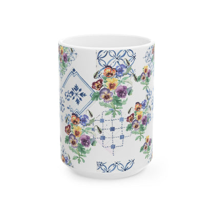 Vintage Pansy Floral Ceramic Mug – Blue Tile Pattern (11oz & 15oz)