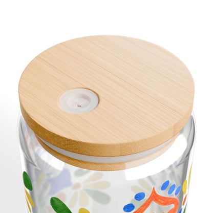 Colorful Mediterranean Floral Glass Cup with Lid & Straw