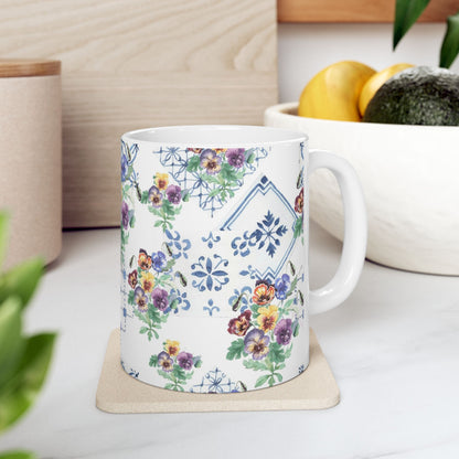 Vintage Pansy Floral Ceramic Mug – Blue Tile Pattern (11oz & 15oz)