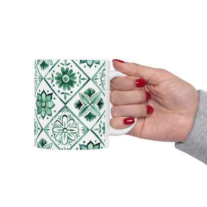 Green Tile Pattern Ceramic Mug — Boho Floral Moroccan-Style 11oz & 15oz
