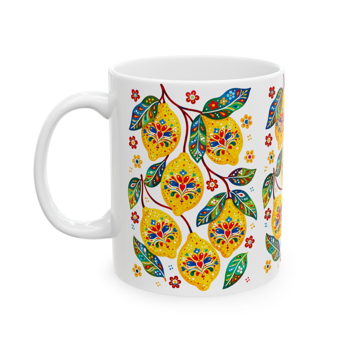 Lemon Blossom Ceramic Mug — Colorful Floral Fruit Pattern (11oz, 15oz)