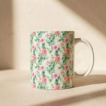 Floral Rose Watercolor Ceramic Mug — Pink Garden Pattern (11oz & 15oz)