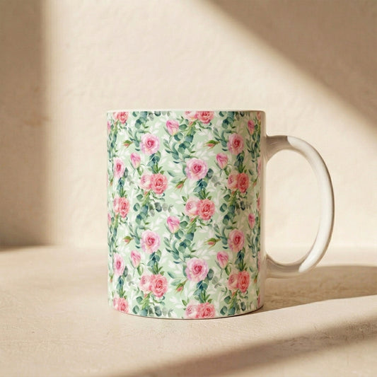 Floral Rose Watercolor Ceramic Mug — Pink Garden Pattern (11oz & 15oz)
