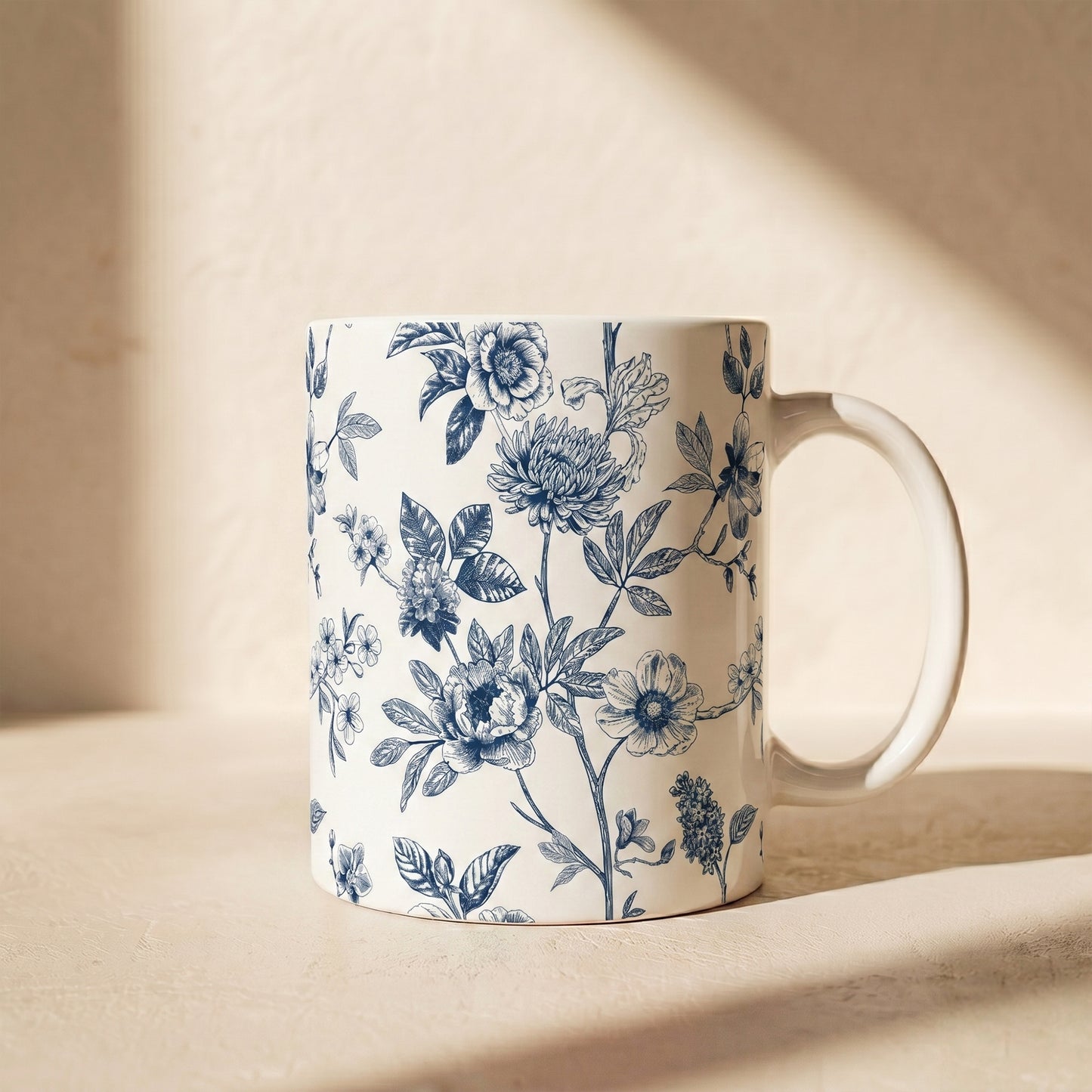 Blue Floral Ceramic Mug – Vintage Botanical 11oz & 15oz Coffee Cup