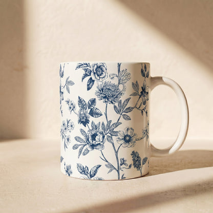 Blue Floral Ceramic Mug – Vintage Botanical 11oz & 15oz Coffee Cup