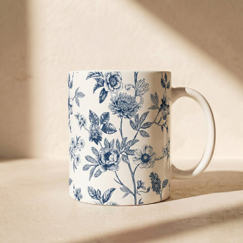 Blue Floral Ceramic Mug – Vintage Botanical 11oz & 15oz Coffee Cup