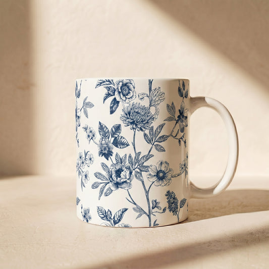 Blue Floral Ceramic Mug – Vintage Botanical 11oz & 15oz Coffee Cup