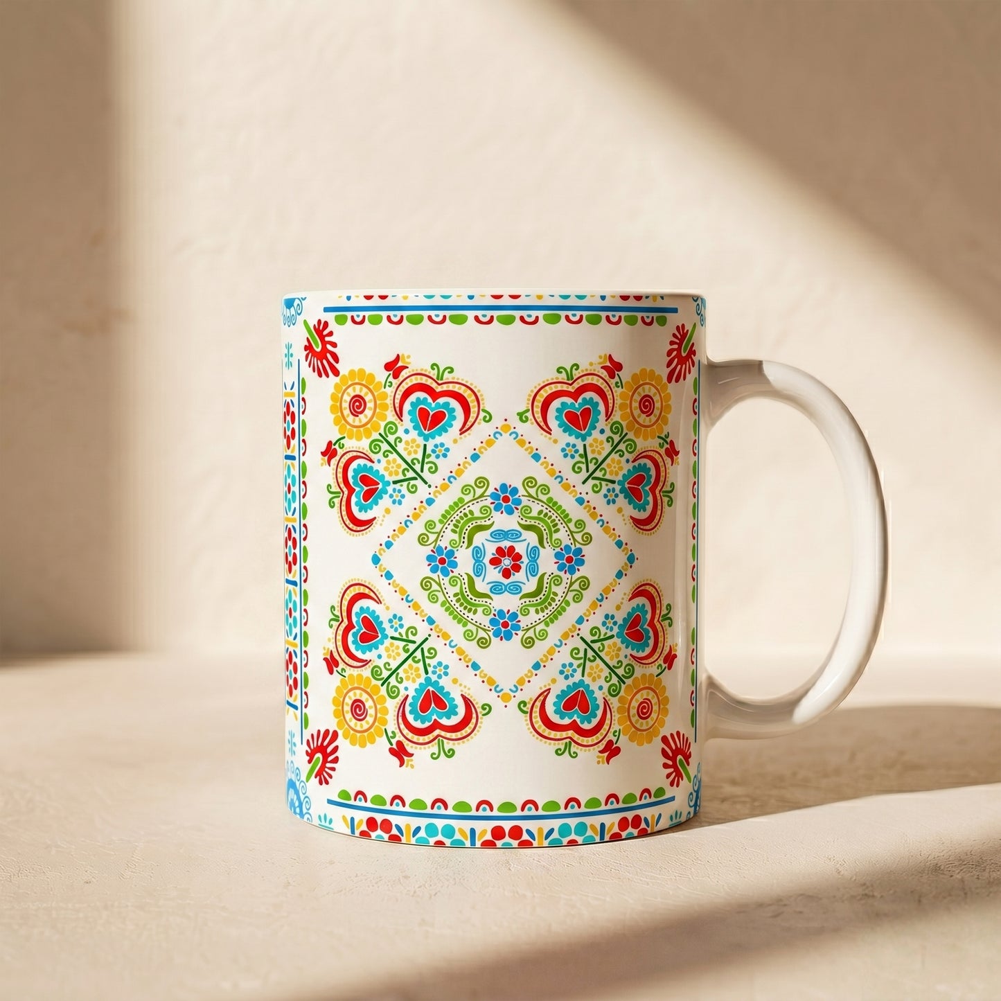 Floral Folk Art Ceramic Mug — Colorful Scandinavian-Inspired Pattern (11oz, 15oz)