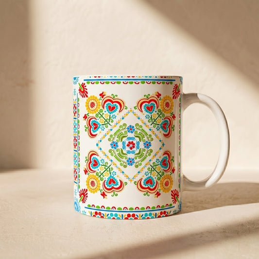 Floral Folk Art Ceramic Mug — Colorful Scandinavian-Inspired Pattern (11oz, 15oz)