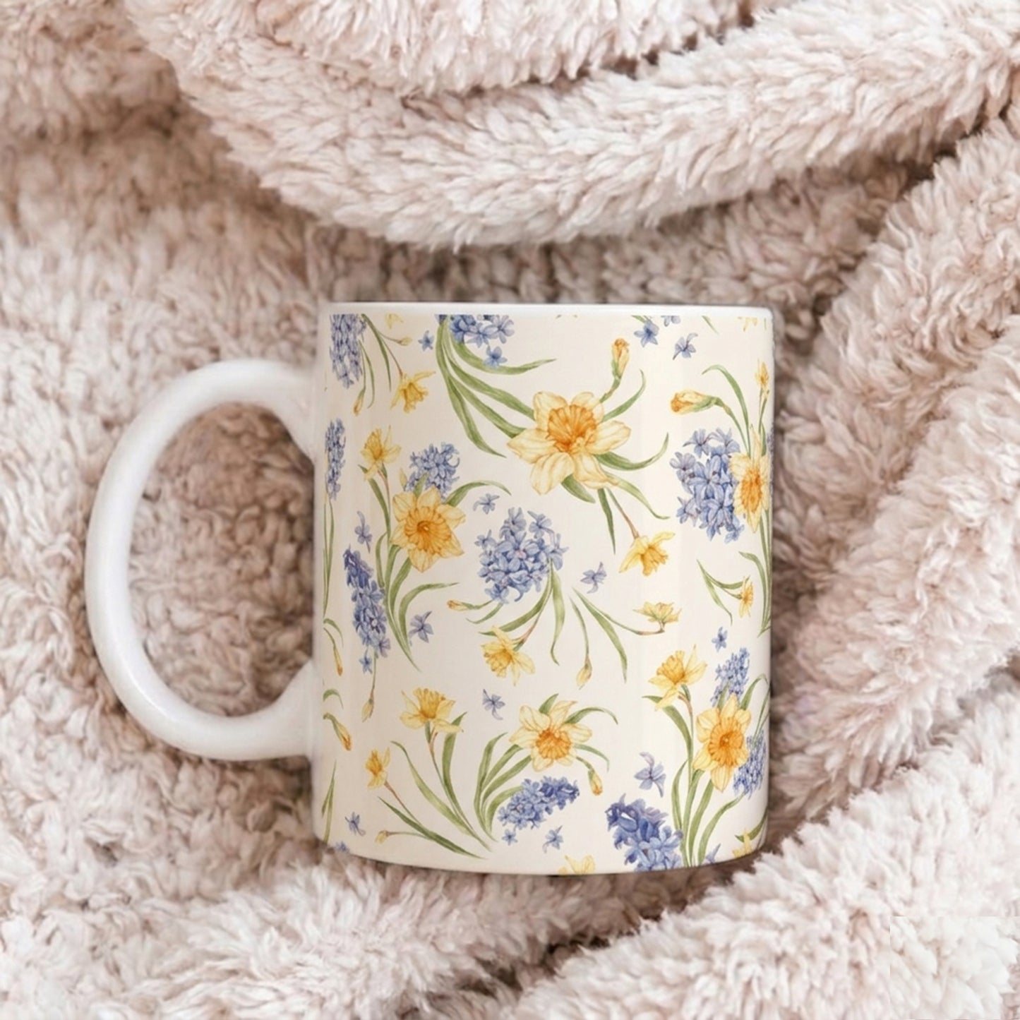 Floral Spring Bouquet Ceramic Mug — Blue Hyacinth & Yellow Daffodil 11oz/15oz