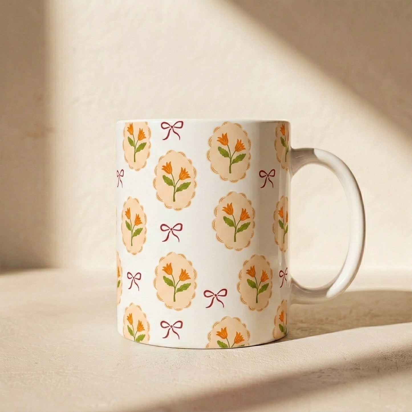 Floral Medallion Ceramic Mug — Vintage Orange Tulip Pattern (11oz & 15oz)