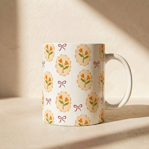 Floral Medallion Ceramic Mug — Vintage Orange Tulip Pattern (11oz & 15oz)