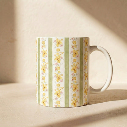 Floral Stripe Ceramic Mug – Vintage Yellow Rose Pattern (11oz & 15oz)