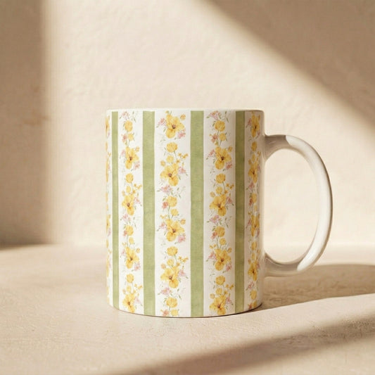 Floral Stripe Ceramic Mug – Vintage Yellow Rose Pattern (11oz & 15oz)
