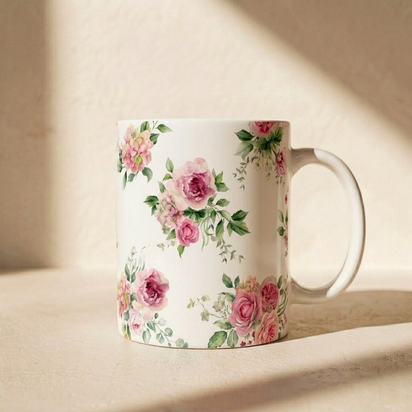 Floral Rose Ceramic Mug — Vintage Pink Garden Tea Coffee Cup (11oz & 15oz)