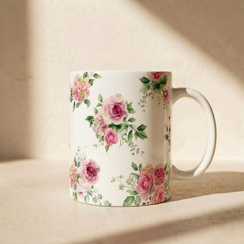 Floral Rose Ceramic Mug — Vintage Pink Garden Tea Coffee Cup (11oz & 15oz)