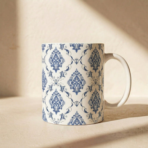 Blue Damask Ceramic Mug — Elegant Vintage Pattern Coffee Cup (11oz, 15oz)