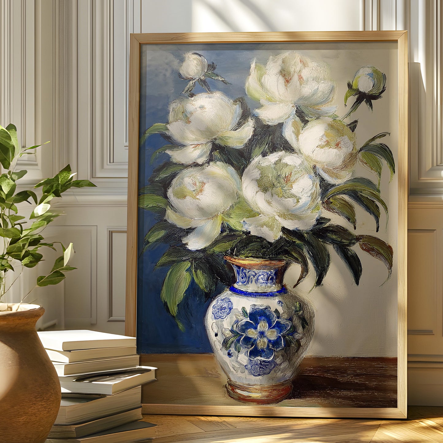Vintage White Peonies in Blue Porcelain Vase (Digital Download)