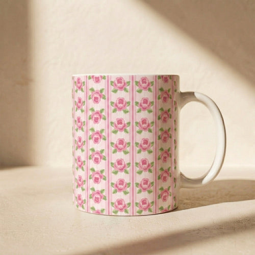 Pink Rose Stripe Ceramic Mug — Floral Vintage Tea Coffee Cup (11oz & 15oz)