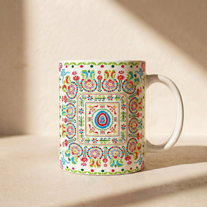 Floral Folk Art Ceramic Mug — Colorful Boho 11oz & 15oz Coffee Cup