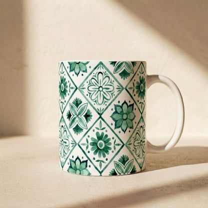 Green Tile Pattern Ceramic Mug — Boho Floral Moroccan-Style 11oz & 15oz