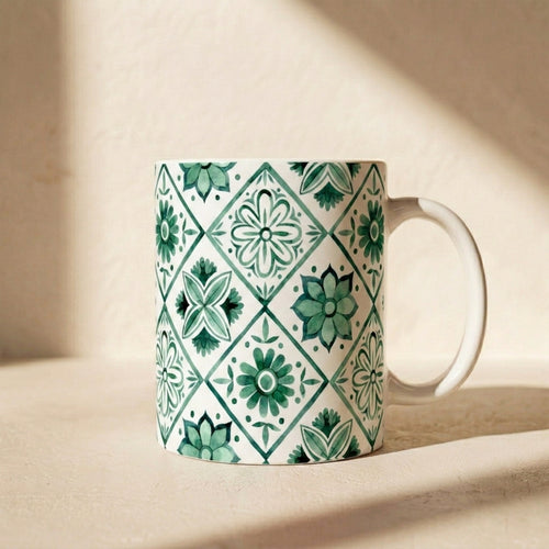 Green Tile Pattern Ceramic Mug — Boho Floral Moroccan-Style 11oz & 15oz