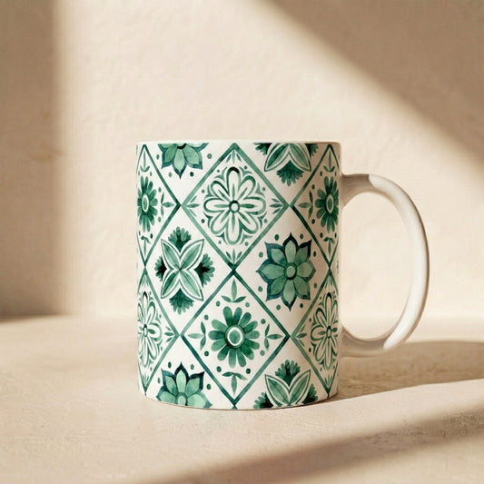 Green Tile Pattern Ceramic Mug — Boho Floral Moroccan-Style 11oz & 15oz