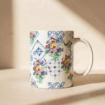 Vintage Pansy Floral Ceramic Mug – Blue Tile Pattern (11oz & 15oz)