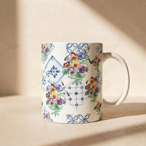 Vintage Pansy Floral Ceramic Mug – Blue Tile Pattern (11oz & 15oz)