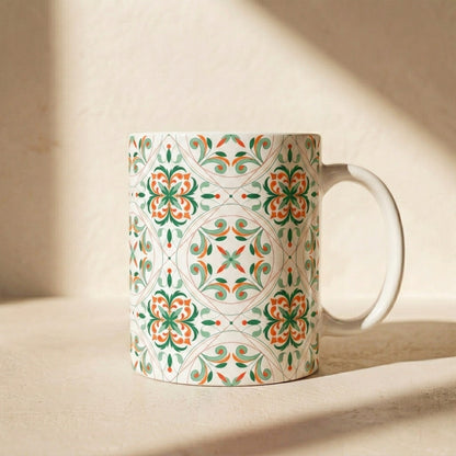 Moroccan Tile Pattern Ceramic Mug – Green & Coral Floral 11oz/15oz