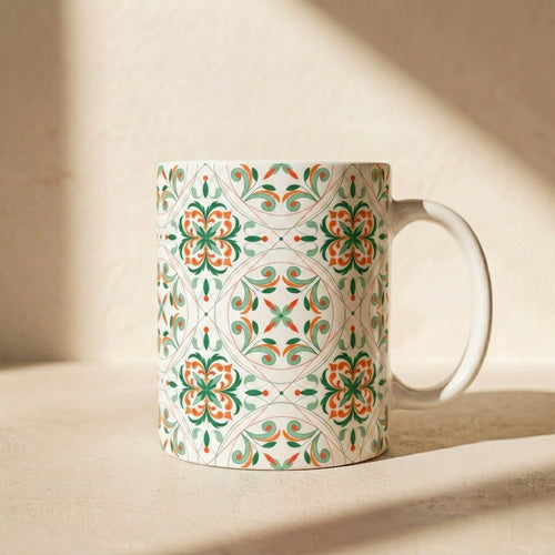 Moroccan Tile Pattern Ceramic Mug – Green & Coral Floral 11oz/15oz