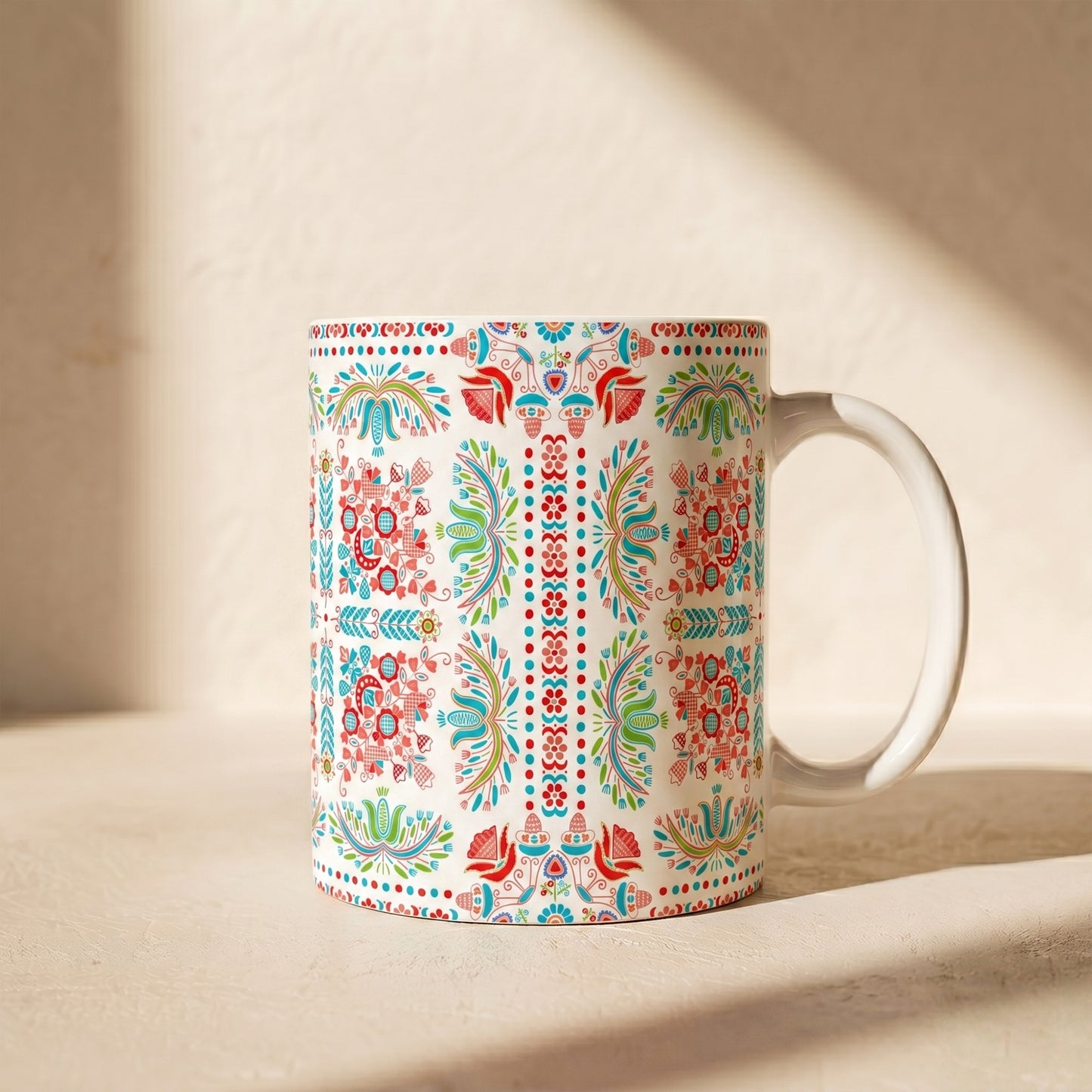 Floral Folk Art Ceramic Mug — Colorful Boho Pattern (11oz & 15oz)