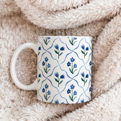Blue Floral Ceramic Mug — Handpainted Tile Pattern (11oz & 15oz)