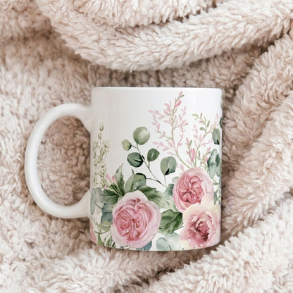 Floral Rose Garden Ceramic Mug — Pink Watercolor Bouquet (11oz & 15oz)