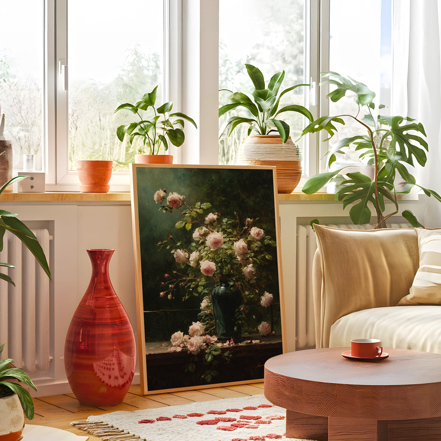 Vintage Pink Roses in Green Vase Still Life (Digital Download)