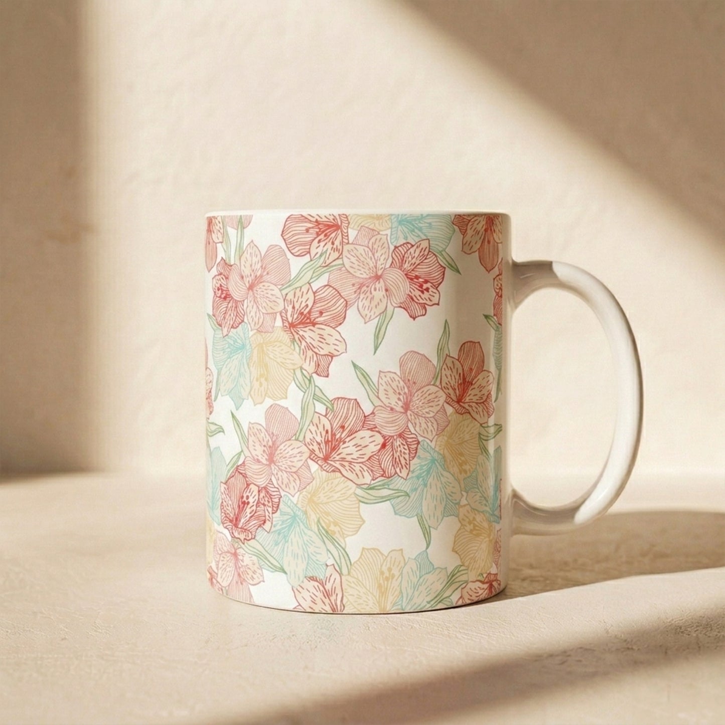 Floral Pastel Ceramic Mug (11oz & 15oz) — Soft Vintage Flower Pattern