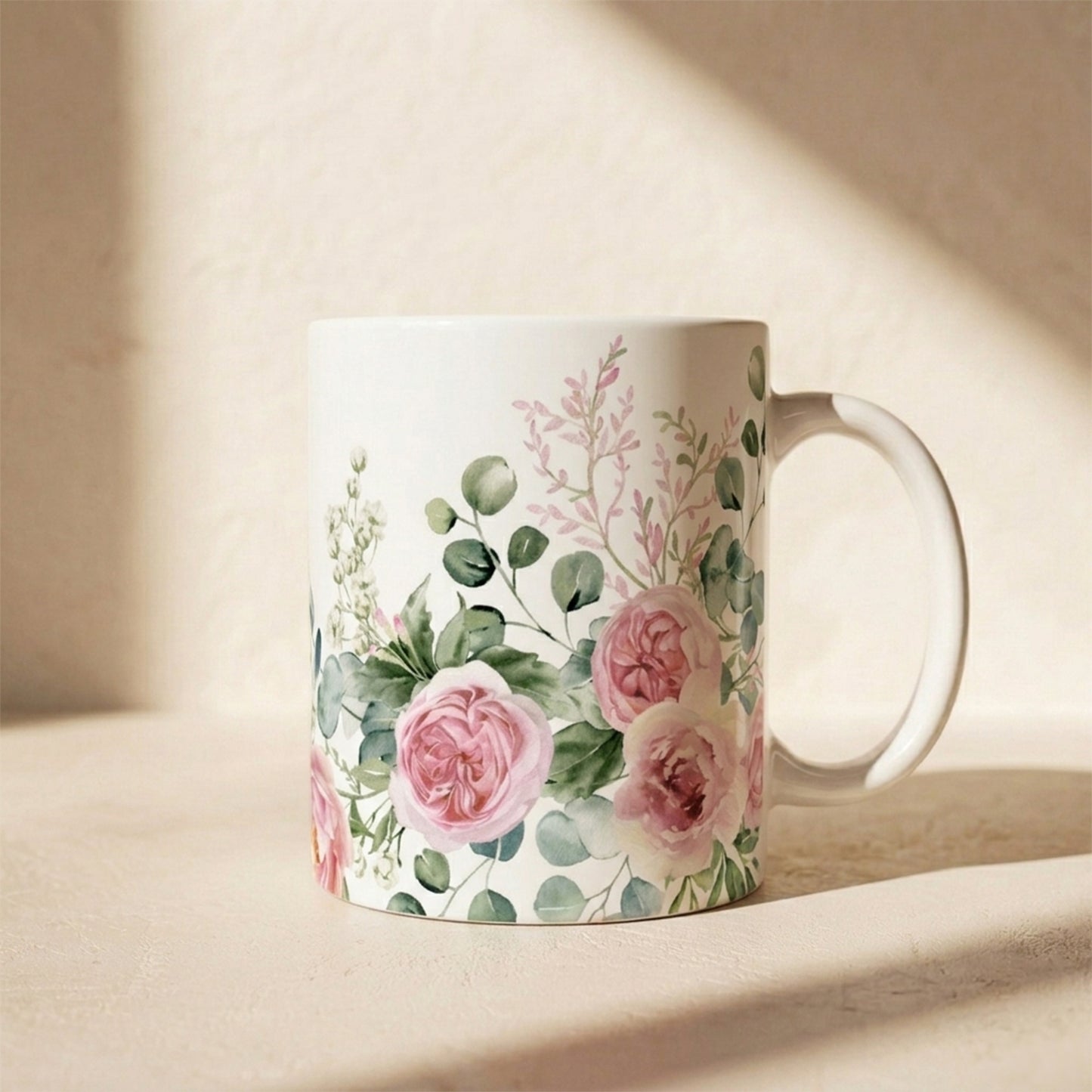 Floral Rose Garden Ceramic Mug — Pink Watercolor Bouquet (11oz & 15oz)