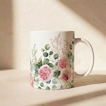 Floral Rose Garden Ceramic Mug — Pink Watercolor Bouquet (11oz & 15oz)